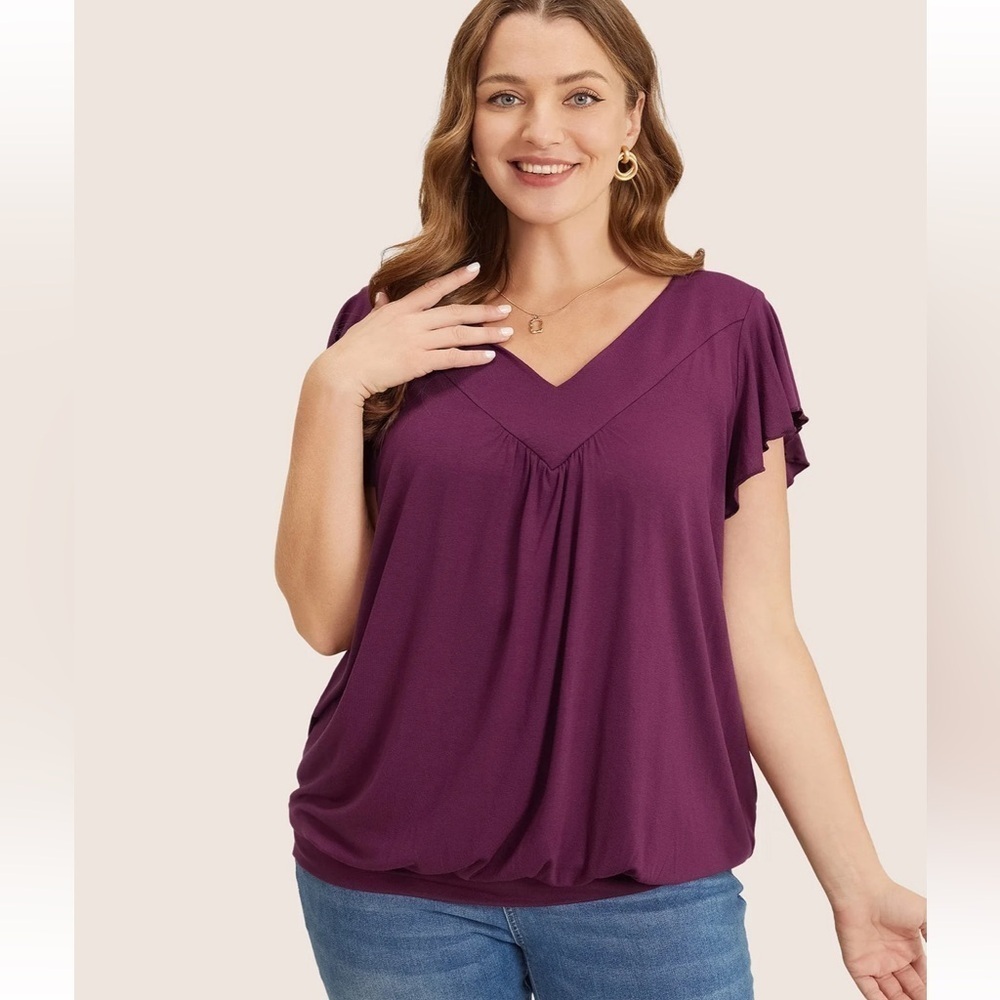 BloomChic Plain Gathered V Neck Ruffle Sleeve T-shirt us14-16